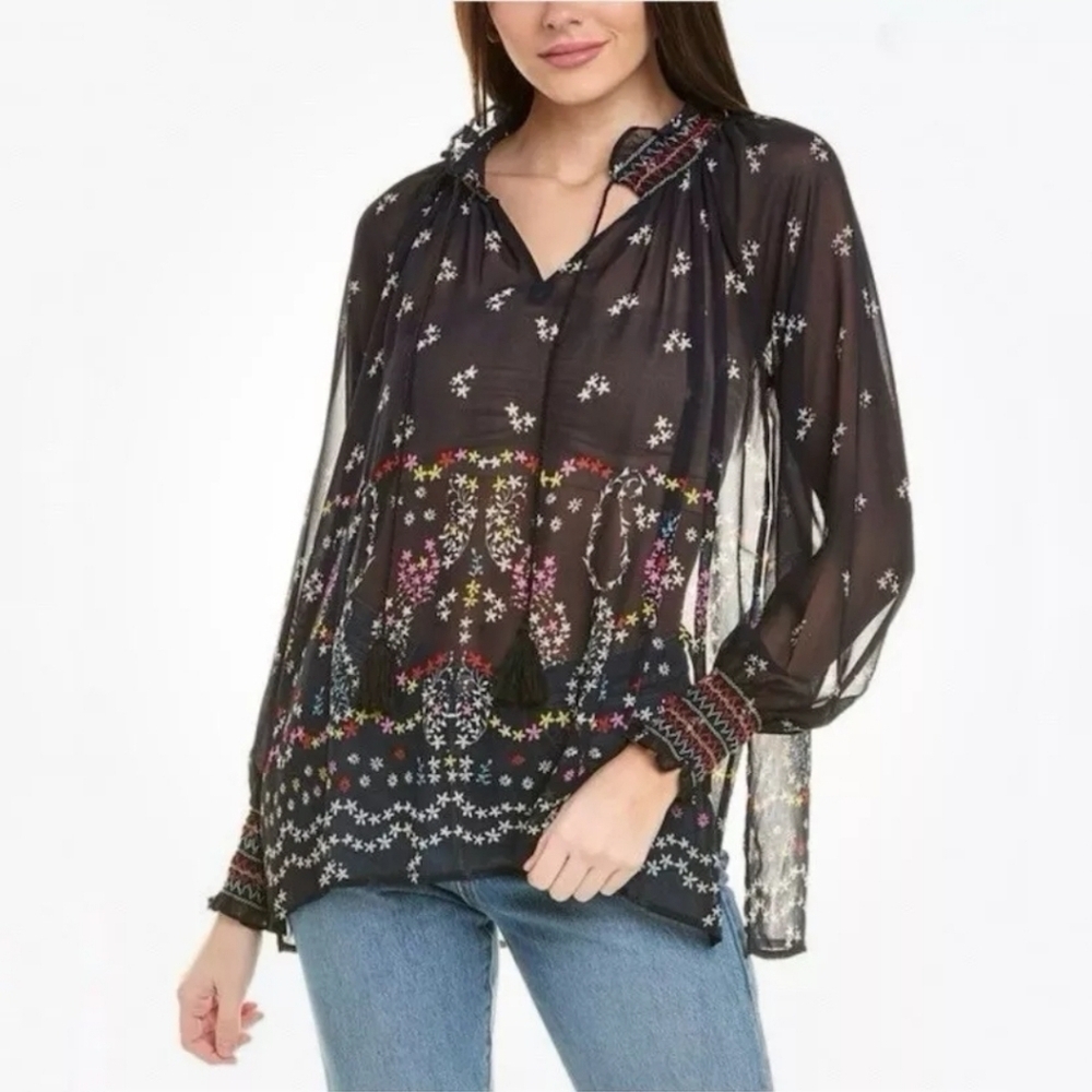 CABI #5784 Enjoy Blouse Navy Sheer Tunic Smocked Sleeves Sz Medium Boho Floral
